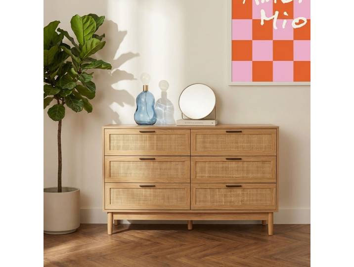 Commode effet chêne et cannage rotin 6 tiroirs