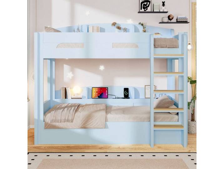 Bladez - Lit superposé 90x200cm Lit double avec étagère de rangement échelle port USB et barrière de sécurité Lit enfant - Bleu
