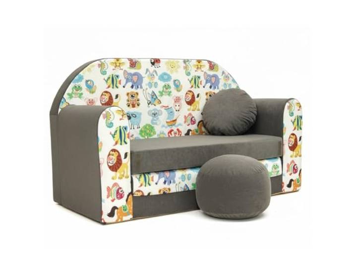 All4All Kindersofa Schlafsofa 3in1 Velo Spielsofa für Kinder Sofa zum Aufklappen Funzy Kindercouch mit Schlaffunktion Verschiedene Muster Grau Rosa Grün Tiermuster Bequem (A5 Grau + Tiere)