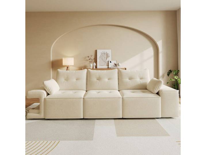 Canapé d'angle 3 places accoudoirs larges rangements intégrés et espace dédié pour coussin pour animaux 2 coussins Velours Beige