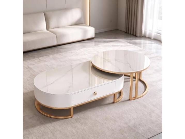 YHTCSXMD Ausziehbarer Couchtisch mit Steinplatte und Schublade Nesting Design, Steinplatte, Stahlrahmen, Holzschublade, couchtisch rund, couchtisch modern, Wohnzimmer