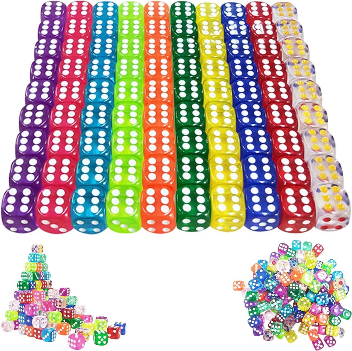 Set van 100 transparante 12 mm acryl zeszijdige dobbelstenen in diverse kleuren voor tafelspellen