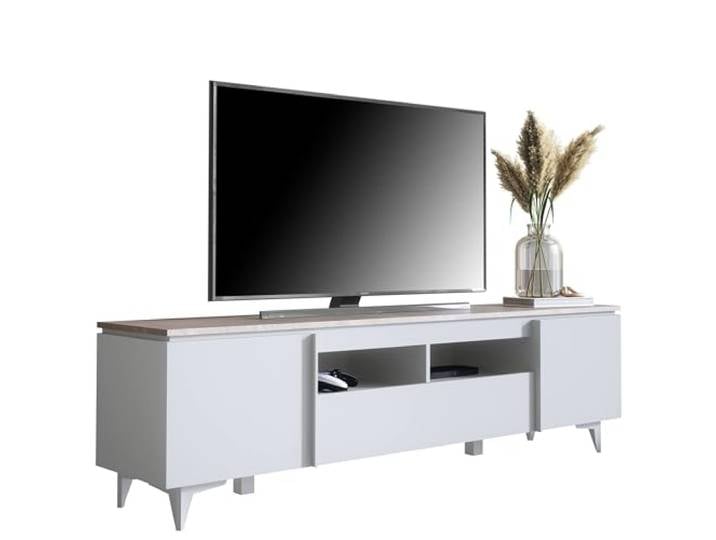 Newroom TV Lowboard Weiß Sandstein grifflos TV Schrank Wohnzimmer