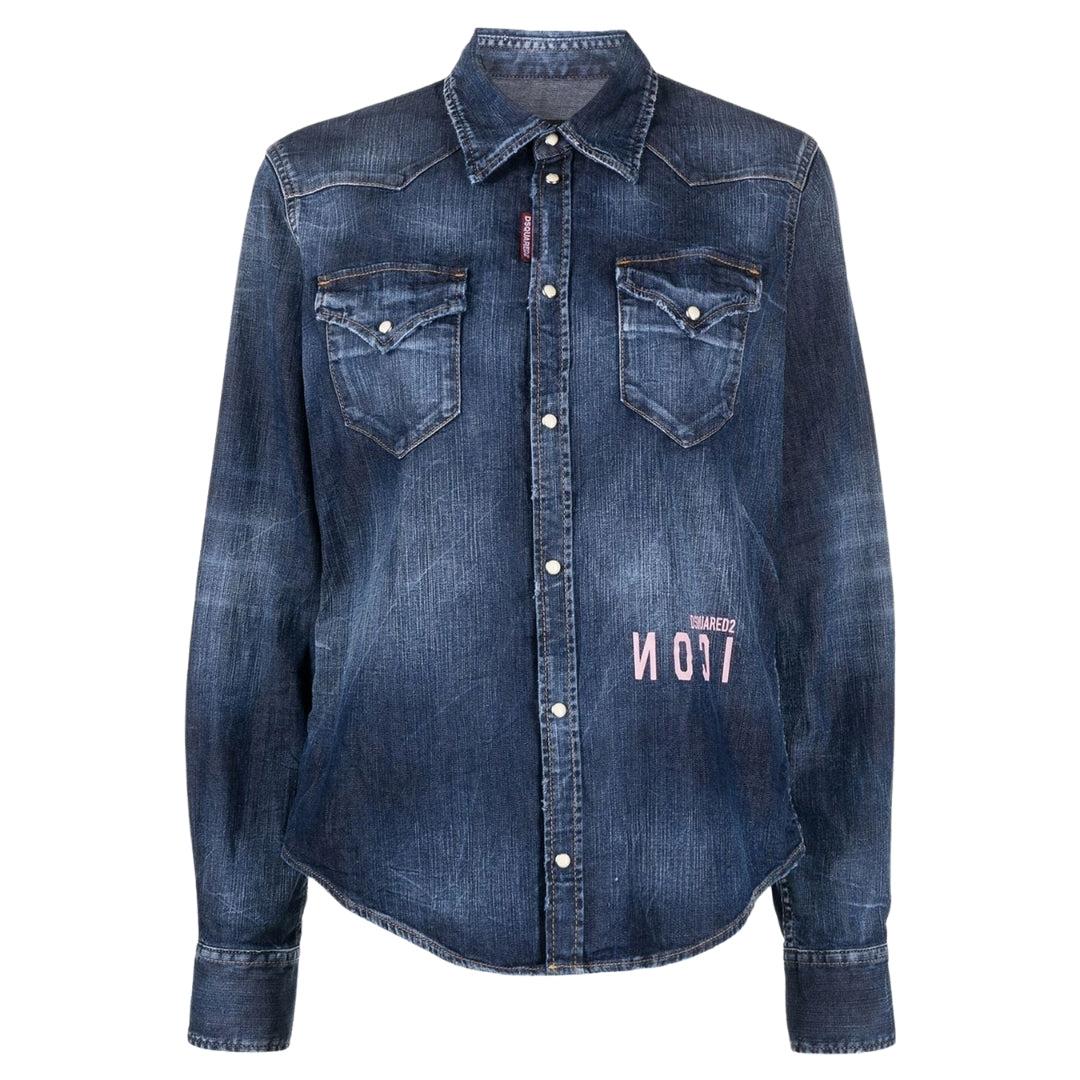 Dsquared2 Icon Reverse Logo Western Donkerblauw Denim Shirt