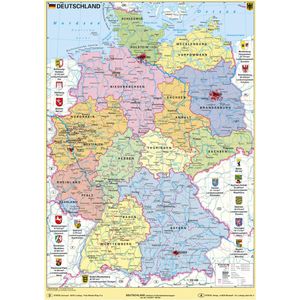 Stiefel Deutschlandkarte mit Wappen, Lernposter, rahmenlos, Poster aus Papier, politische Karte, 59,5 x 84,1cm