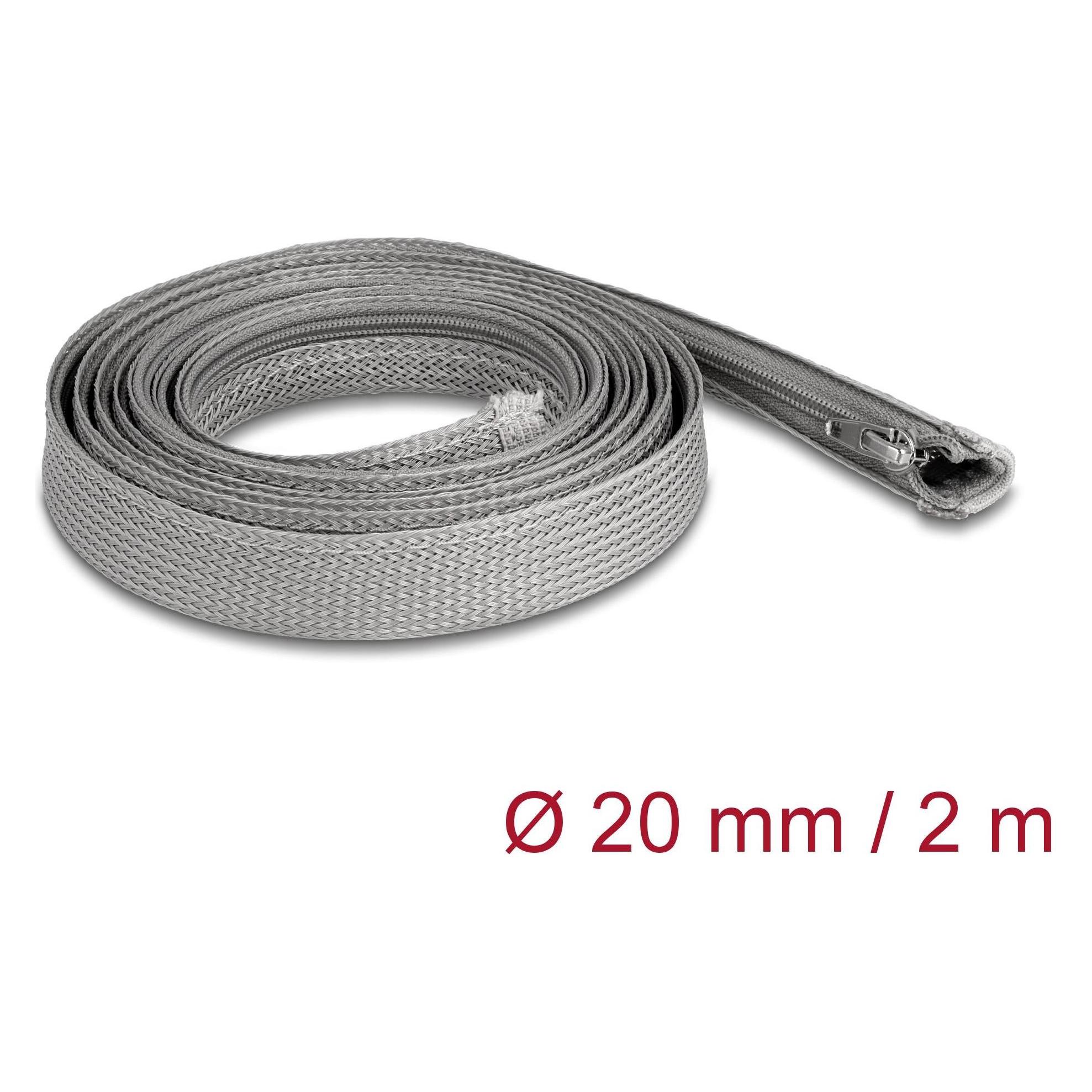 Delock Geflechtschlauch mit Reissverschluss hitzebeständig 2 m x 20 mm grau (Kabelschlauch, 200 cm) (20830)