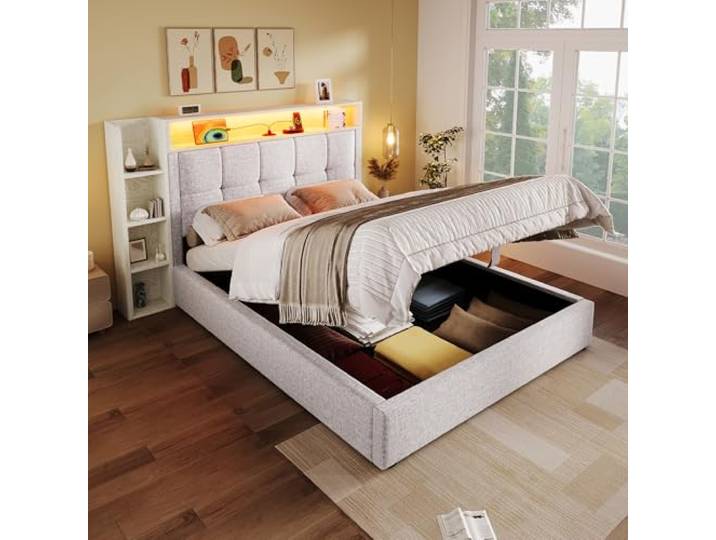 SOFTWEARY Polsterbett mit LED-Beleuchtung, Lattenrost und Stauraum, Kopfteil gepolstert, Typ-C, USB, Einzelbett (beige, 90x200 cm)