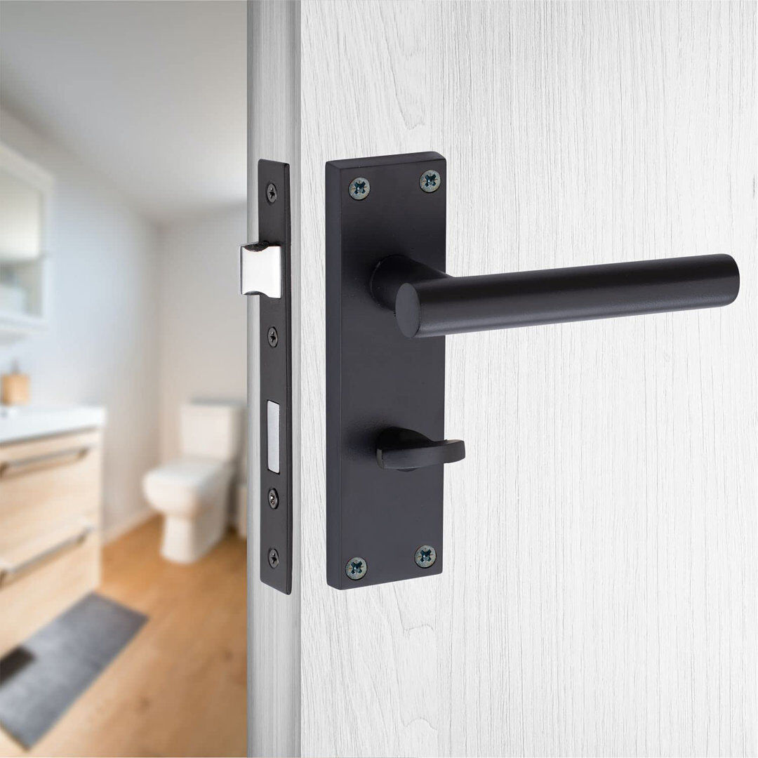Latitude Run T-Bar Bathroom Door Handles Set on Lever Backplate in Matt Black Finish Complete with Latch, Lock and 1 Pair of 3" Ball Bearing Hinges Matte Black 21.5cm W