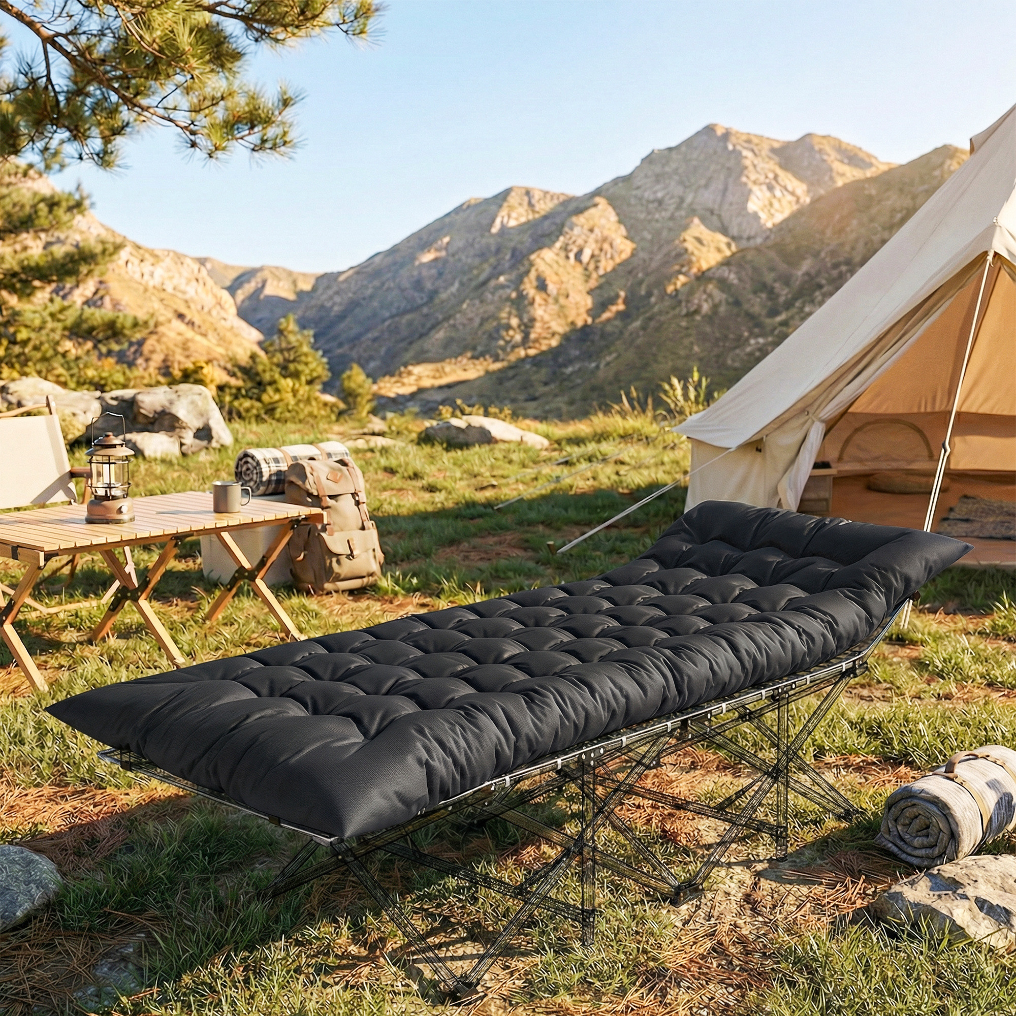 Outsunny Materassino da Campeggio Pieghevole Portatile con Cinghie Antiscivolo, per Letto da Campeggio, Tenda e Viaggi, Nero   Aosom Italy