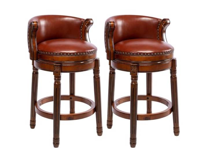 AULIFE Drehbarer Barhocker aus Echtleder mit Rückenlehne, Barstuhl aus Massivholz mit Walnuss-Finish, Counter Height Sitzhöhe 65/75cm, für Küche, Theke und Bar (2er Set Braun, Sitzhöhe-65cm)