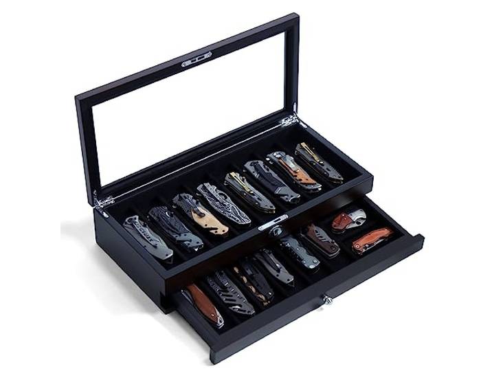 Bonaking Elegant Taschenmesser-Vitrine, 17 Fächer, Aufbewahrung für 15-17 Taschenmesser, Organizer für Männer, Geschenk (Ebenholzfurnier, 40.6 x 19.6 x 7.9 cm)