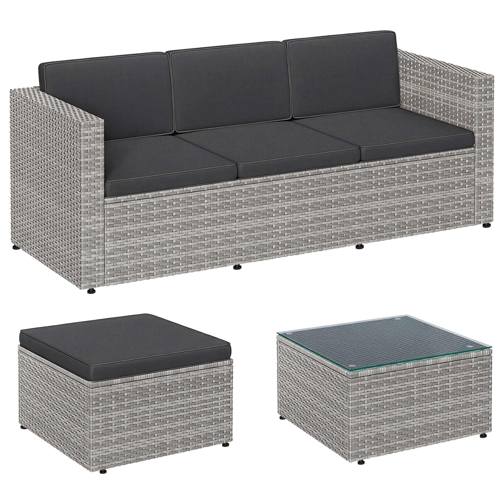 SONGMICS Gartenmöbel-Set, Terrassenmöbel aus PE-Polyrattan, Balkonmöbel mit Kissen und Glastisch GGFB35005G05