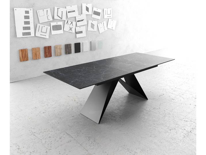 Esstisch Edge 180-220x100cm Keramik Laminam®Nero Greco Anthrazit V-Mittelfuß Schwarz ausziehbar, Esstische