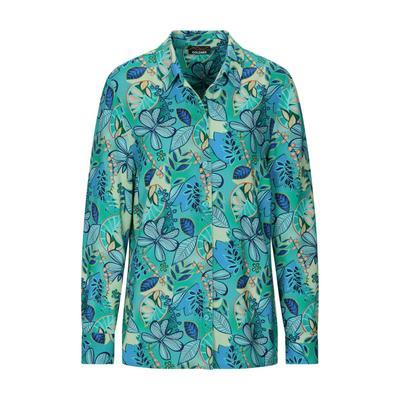 Kurzarmbluse GOLDNER "Blusenshirt mit floralem Print", Damen, Gr. 52, bunt (salbei, blau, gemustert), Obermaterial: 100% Viskose CV., figurumspielend, Blusen, figurschmeichelnde Schnittführung