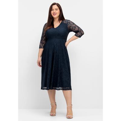 Cocktailkleid SHEEGO "Cocktailkleid", Damen, Gr. 44, Normalgrößen, blau (nachtblau), 100% Polyamid, unifarben, wadenlang, V-Ausschnitt, Kleider