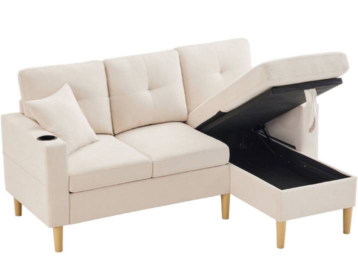 SeedWave Sofa 3 Sitzer Ecksofa L-Förmige Couch mit Unterem Stauraum, Becherhaltern, Eckcouch mit Seitentaschen, 2 Kissen