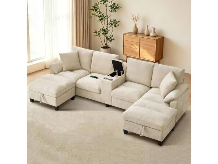 116 U Form Modulares Wohnlandschaft Ecksofa, Modulares Sofa 4-Sitzer U-formiges Ecksofa mit 2 USB-Anschlüssen, Sofa und Couch mit 2 Getr?nkehaltern, 2 Stauraum Ottomane, Beige