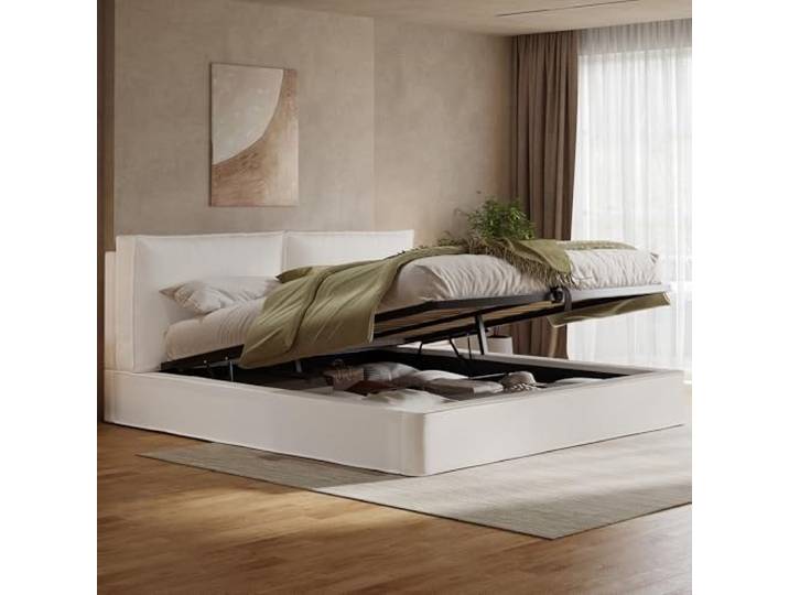 Merax Polsterbett Doppelbett 180x200 cm mit hydraulischem Stauraum & Lattenrost, 13 cm Dickes gepolstertes Kopfteil (105 cm hoch), eingebaute Struktur, bouclé, Beige (Ohne Matratze)