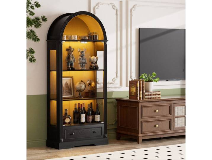 MEULVA Vitrine armoire haute 180 cm verre trempé LED 3 couleurs 1 tiroir noir MDF