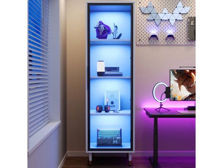 Vitrine - LED 170 cm - Blanc mat - Verre teinté gris - Éclairage LED multicolore - Porte réversible