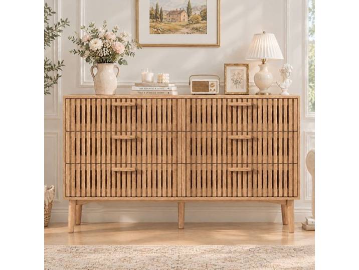 Commode 6 Tiroirs en Bois Commode Chambre Design Rainuré Chiffonnier Scandinave 100x34x73cm
