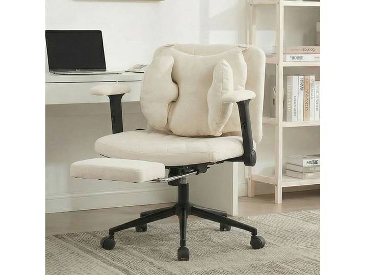 WOVREO chaise de bureau pivotante reglable avec repose-pieds coussin lombaire gonflable tissu beige 150 kg
