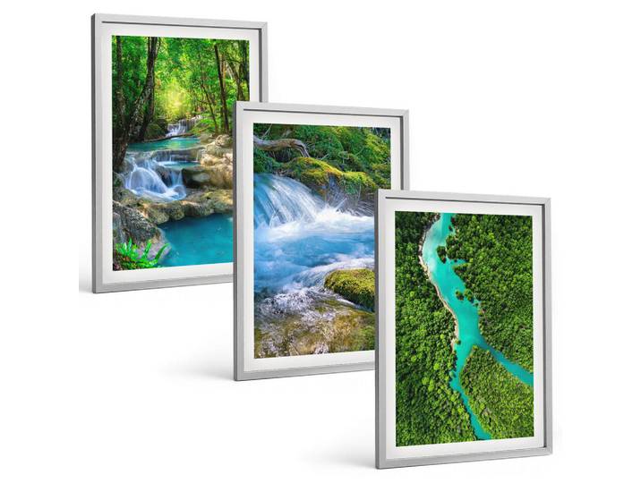 Tulup Bilder SET 3er Set - 40x60 cm Silberner Rahmen - Grüne Wälder, kristallklares Wasser, Silberfarben, Kunststoff, Rechteckig, 40x60 cm, einfache und schnelle Anbringung, Bilder & Rahmen, Bilder