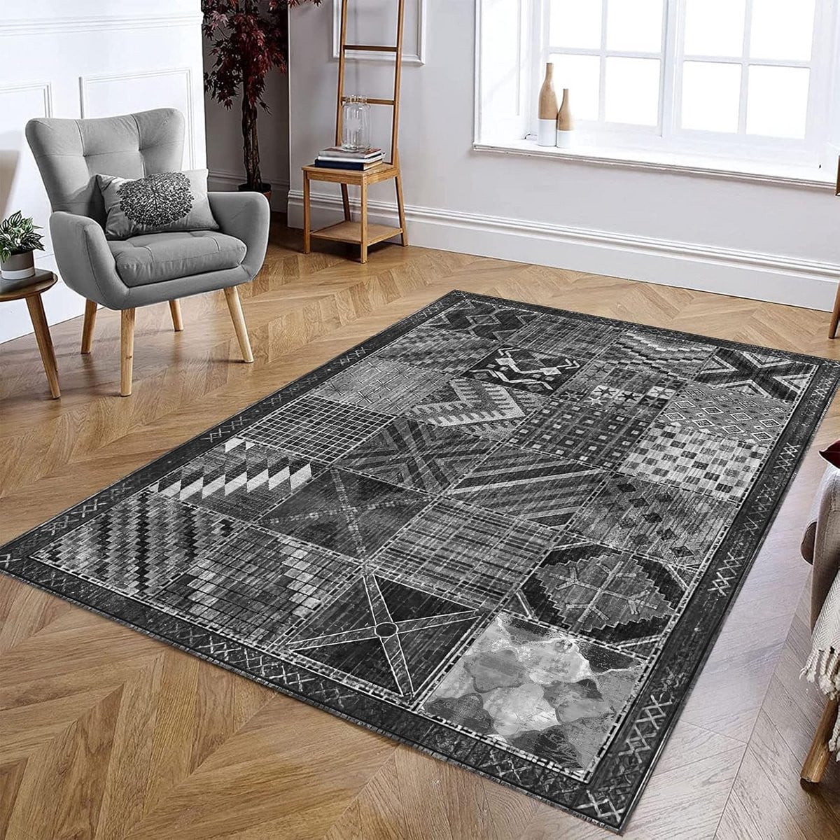 Patchwork Vloerkleed Vintage Grijs - Rechthoekig - Polyester