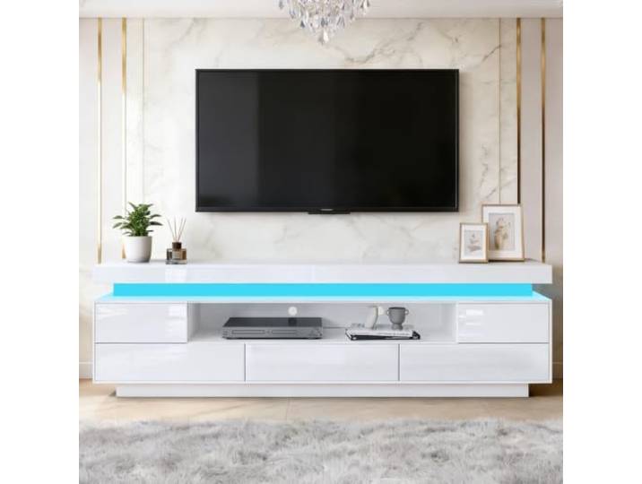 BESTWANTED LED-TV-Schrank 160cm Moderner Hochglanz-TV-Schrank mit 3 Schubladen, Sideboard für Schlafzimmer, Wohnzimmer, Wohnmöbel (Weiß)