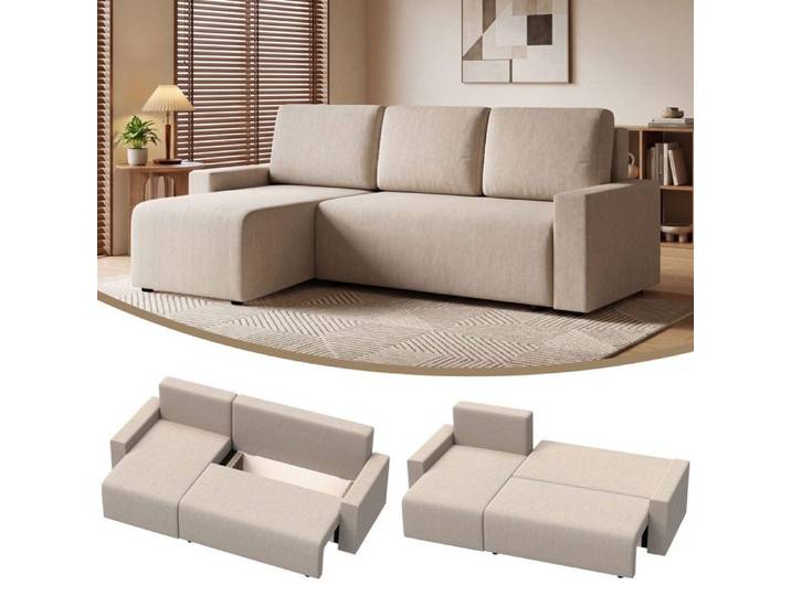 CollaHausse Canapé d'Angle Convertible en L 3 Places Velours Méridienne Réversible Beige