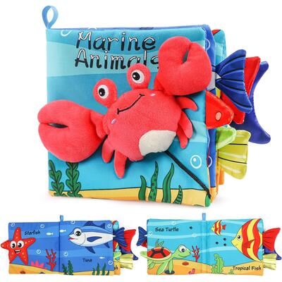 Perfect Picks Market Crinkle Cloth Book, Baby Soft Books Toys, Marine Animal Tails For Infant, Interactive Stroller Soft Toys, Early crab