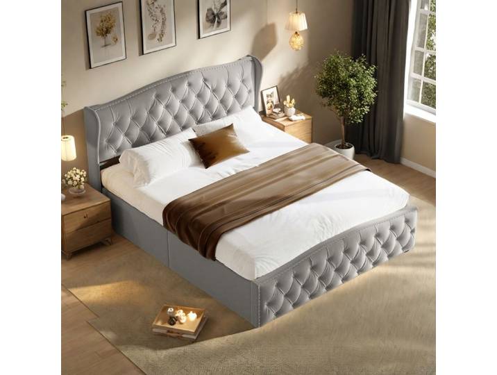 Lit coffre 140x200 cm - TANANT - Tête de lit décorative - Tissu velours - Coffre de rangement - Gris