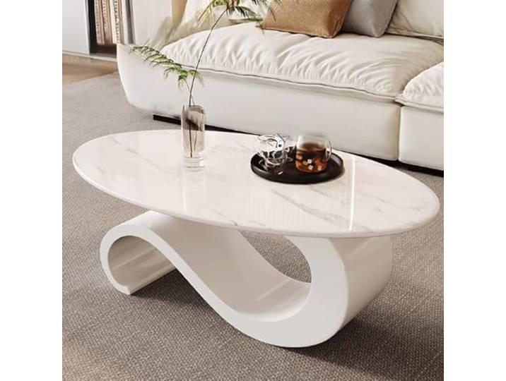 GUQASDV Couchtische Wohnzimmer, Beistelltisch Couch, Wohnzimmertisch Modern, Tisch Wohnzimmer Klein Oval aus Schiefer + Eisen für Veranda(White with Texture,Medium)