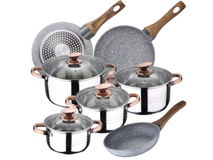 San Ignacio Küchenbatterie 8 Stück Premium Nona, Edelstahl, mit Pfanne Set (22/24/26 cm) Daimiel aus geschmiedetem Aluminium