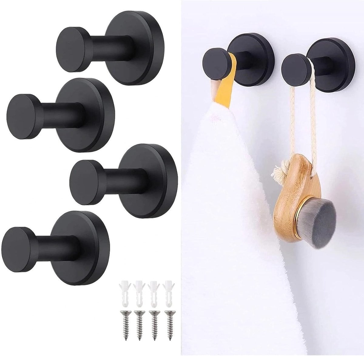 Set van 4 mat zwarte kledinghaken van roestvrij staal voor kleding, handdoeken en accessoires tot 15 kg