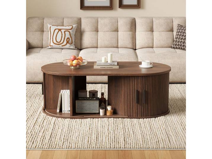 Table basse ovale Table de Salon avec rangement caché Table d'Appoint avec volets roulants et cloison réglable 100x50x33cm Noyer