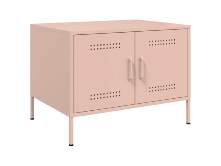 LASWWQMRF Couchtisch Rosa 68x50x50,5 cm Metall Beistelltisch mit Türen Industrie Sofatisch fürs Wohnzimmer aus kaltgewalztem Stahl mit 2 Fächern und verstellbaren Füßen für unebene Böden.