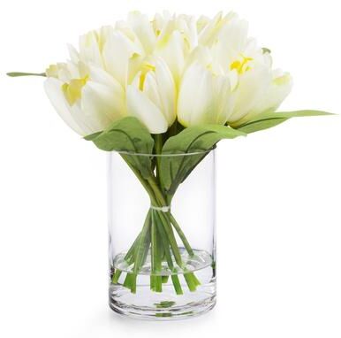 Enova Home Artificial 18 Heads Fake Tulips Silk Flowers in Glass Vase with Faux Water for Home Wedding Decoration