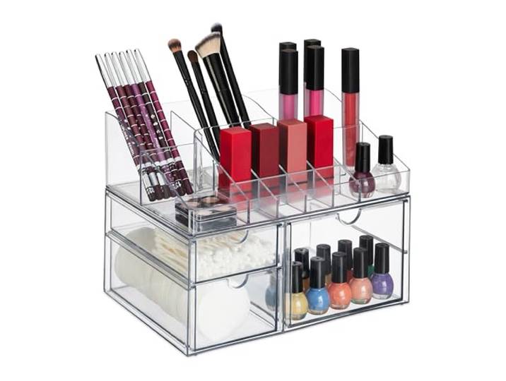 Relaxdays Organiseur à Maquillage\, 14 Compartiments & 3 tiroirs\, Vernis\, Crayons à lèvres\, Plastique\, Transparent