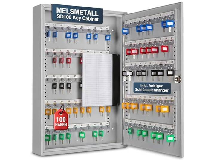 Melsmetall Schlüsselkasten SD100 – Schlüsselschrank mit 100 Haken Schlüsselbox aus Stahl, abschließbarer Safe, magnetische Außenseite, höhenverstellbare Leisten, Wandmontage (55x38x8cm)