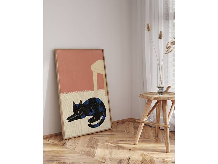 Impression artistique Le chat douillet Revêtement : verre acrylique Structure : hêtre laqué Multicolore 63 x 83cm