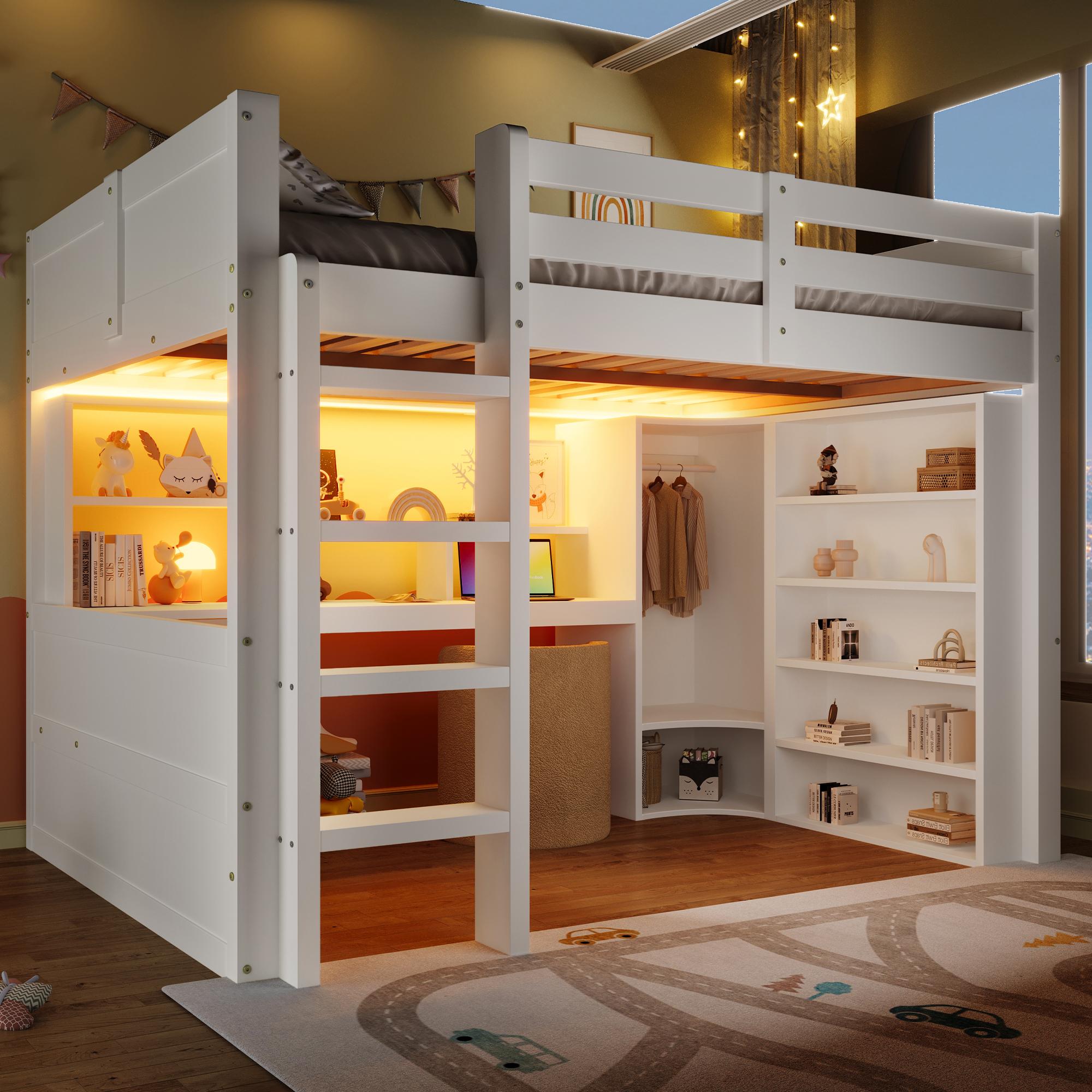 Merax Etagenbett Hochbett 140×200 cm, LED-Beleuchtung, Kleiderschrank, Schreibtisch, Schubladen, Staufächer, Kinderbett, Stockbett, Jugendbett, Weiß