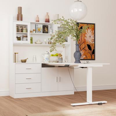 Timechee Electric Height Adjustable Standing Desk with Storage Hutch, 68.5” White Home Office Desk with Drawers and Cabinets