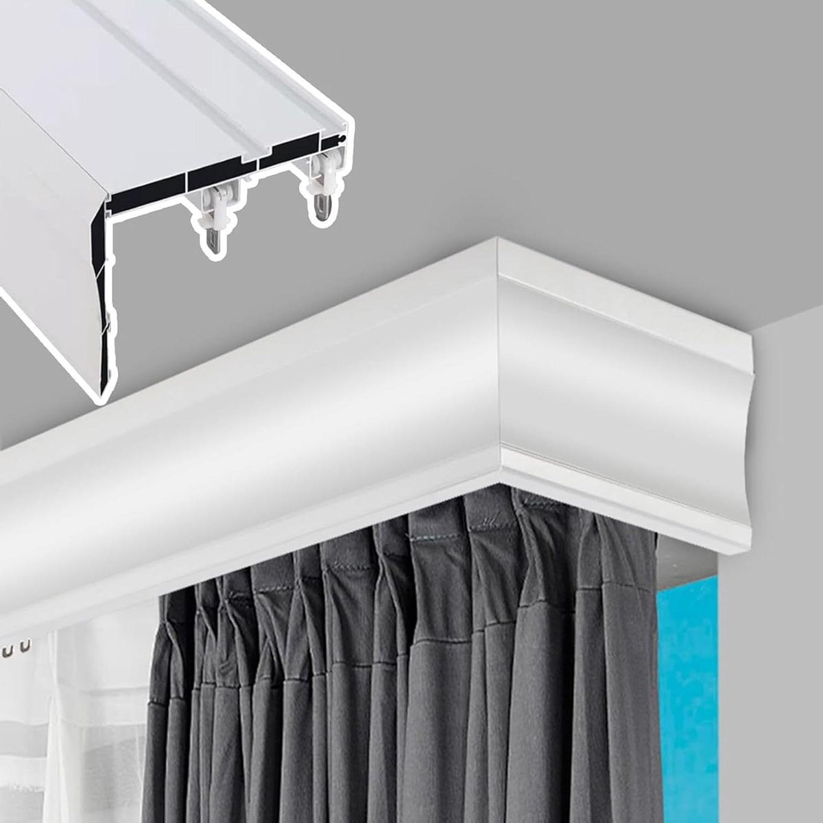 Wit Gordijnrails Systeem met Dubbel Spoor en 3-in-1 Pelmet Box - 1 meter