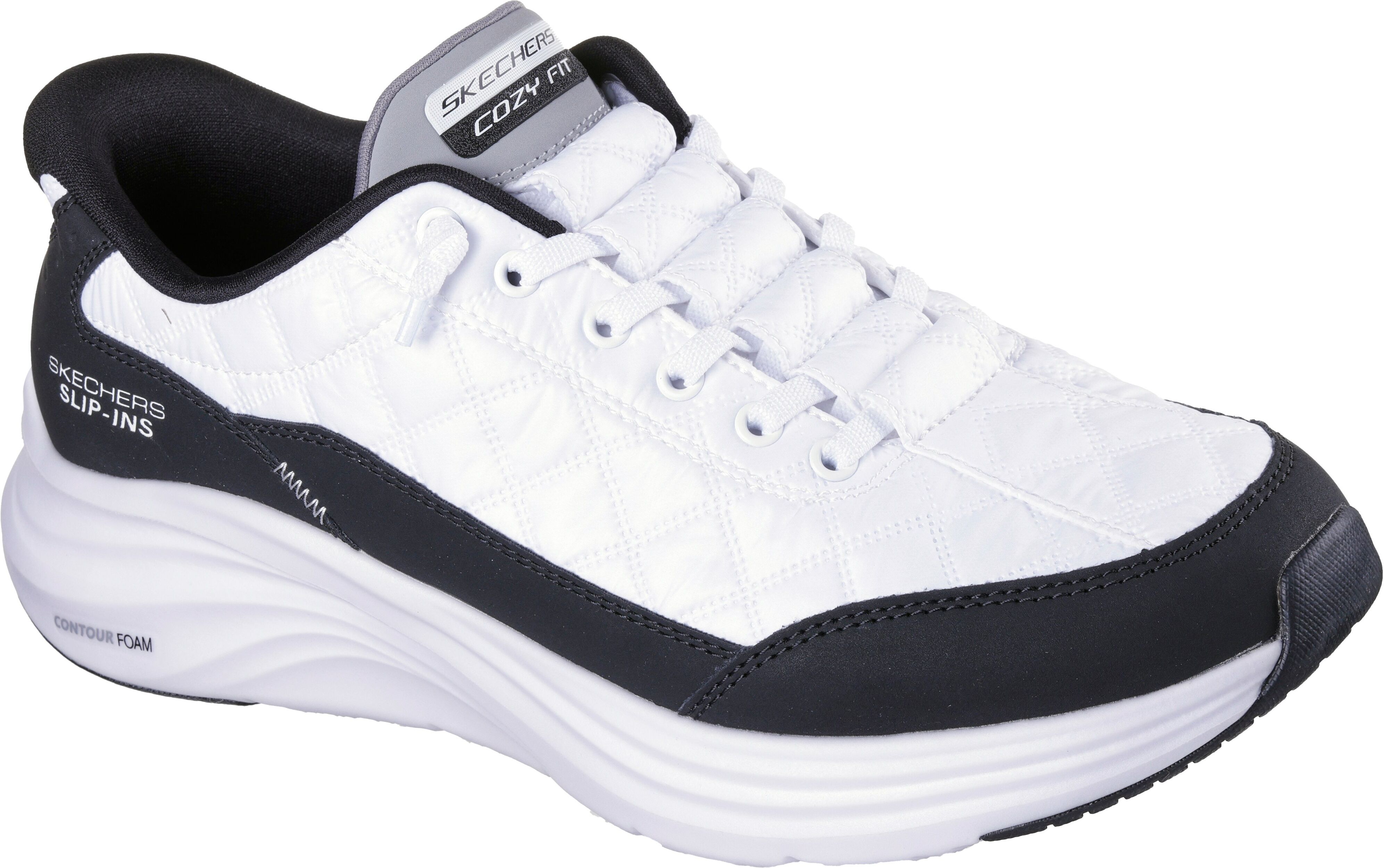 Slip-On Sneaker SKECHERS "CONTOUR FOAM", Herren, Gr. 44, weiß, schwarz, Leder, Lederimitat, Textil, Schuhe, Slipper, Schnürschuh in veganer Verarbeitung, Cozy Fit™-Komfort