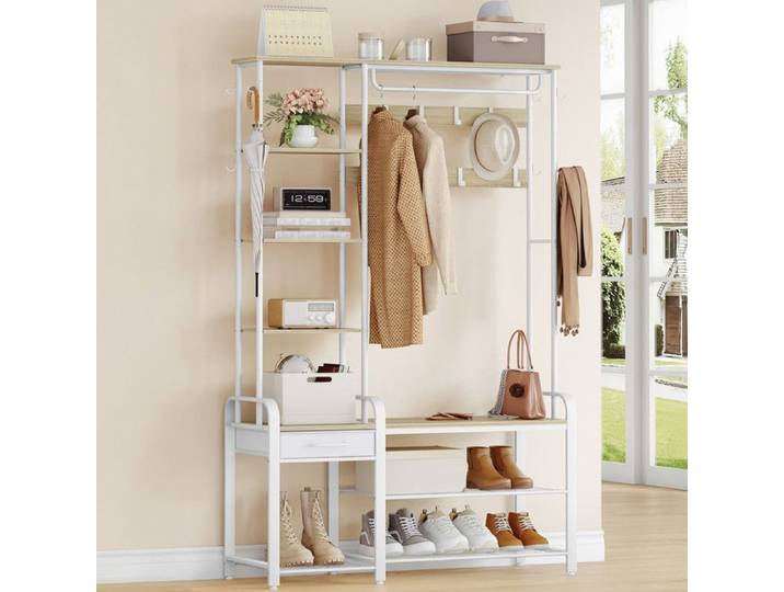 Porte-manteau avec Étagère à Chaussures Doré Chêne et Blanc