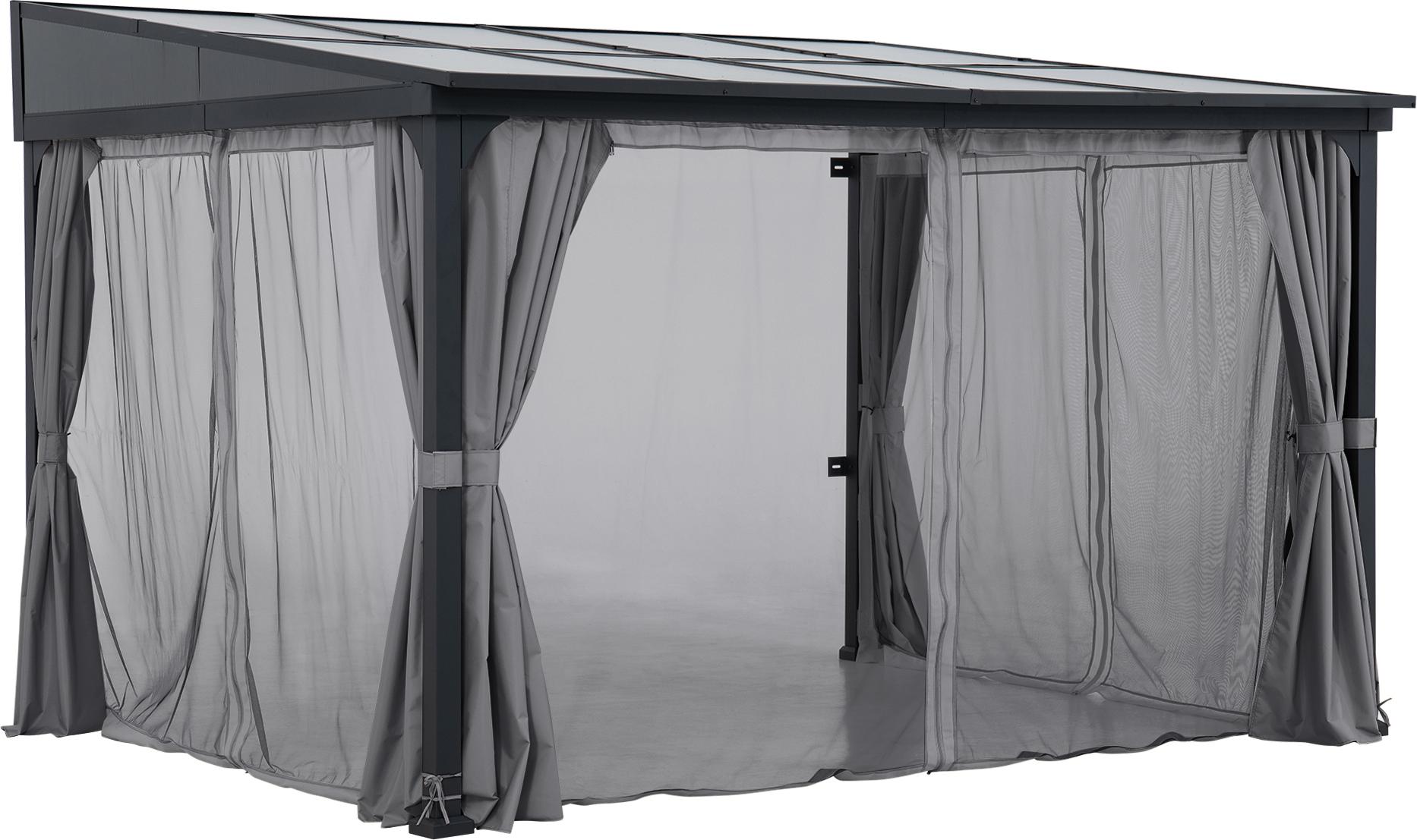Sunjoy Stahl Wandpavillon MEIJE mit Vorhängen und Netz - 360cm x 300cm, schwarz
