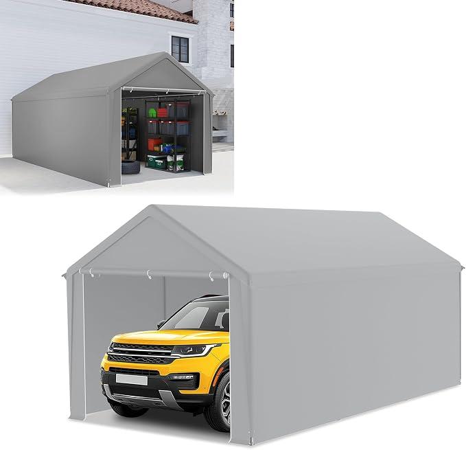 Carport 3x6 m Zeltgarage mit Abnehmbar Seitenwände Große Garagenzelt Lagerzelt UV-Schutz Windfest Winterfest Autozelt Unterstand, Grau
