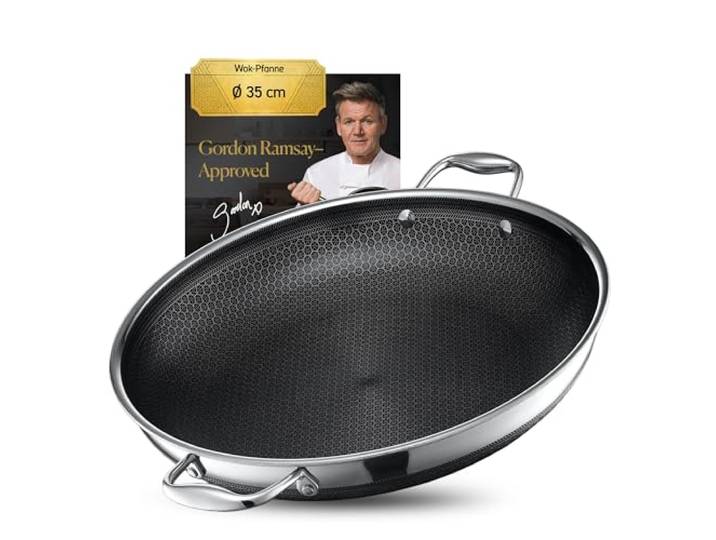 HexClad Hybrid-Wok Ø 35 cm – Edelstahl Wokpfanne, alle Herdarten Antihaftbeschichtung, Stay-Cool-Griff, PFOA-frei, backofen- & spülmaschinenfest, auch Induktion