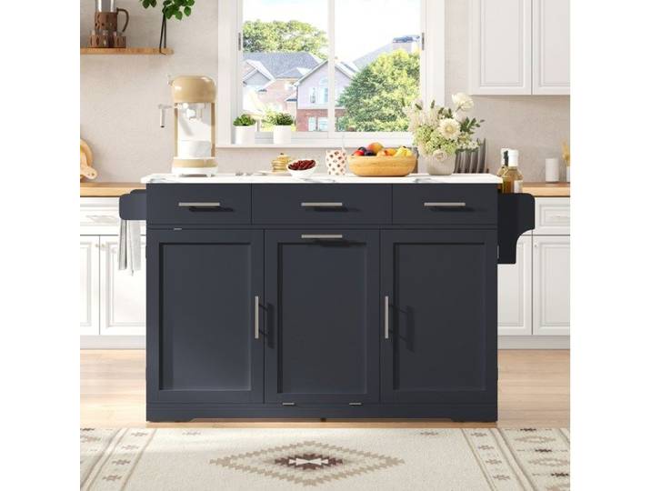 ROVRYN îlot central de cuisine sur roulettes 136 x 50(75) x 92 cm plateau rabattable 3 tiroirs gris